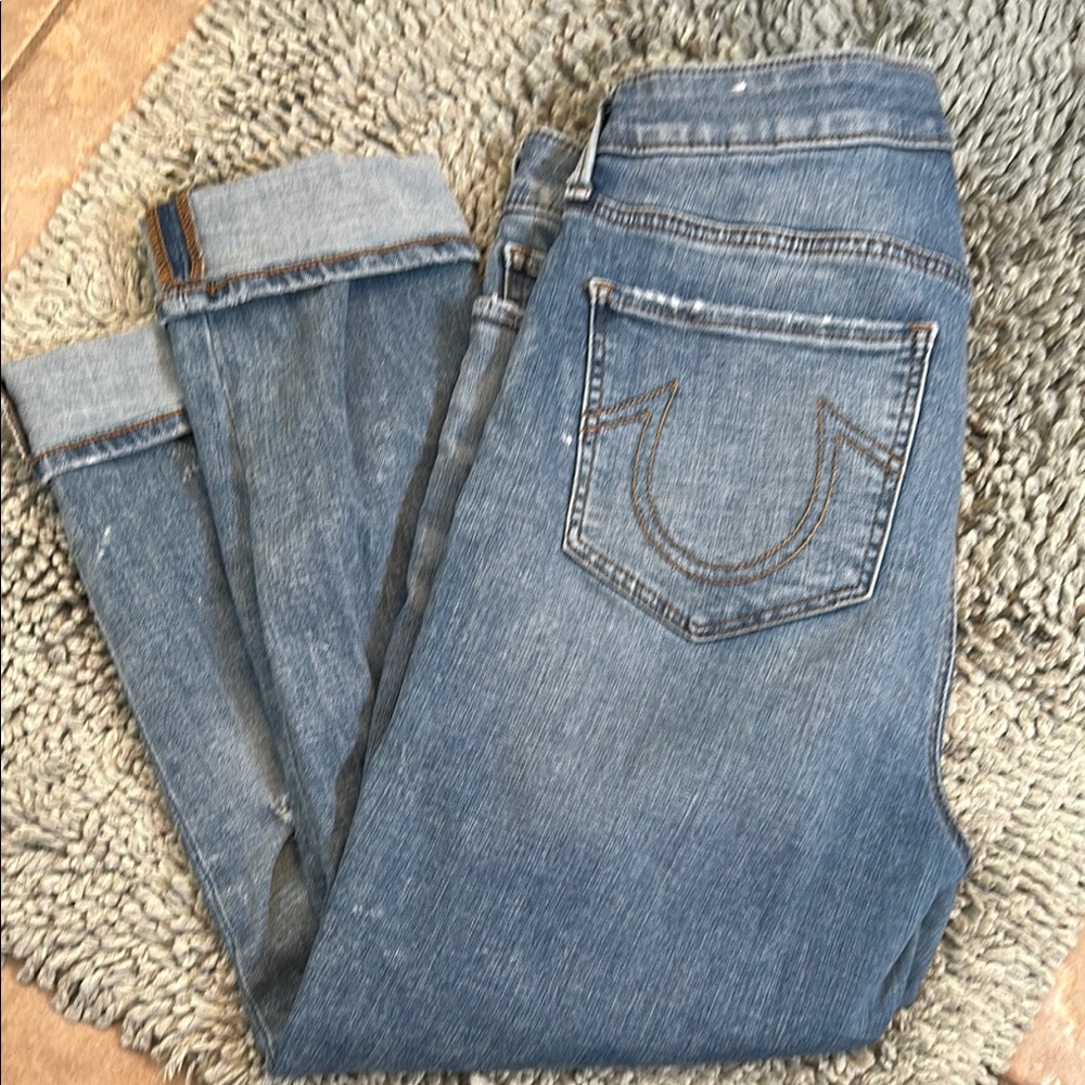 True Religion Cropped Distressed Blue Denim Jeans